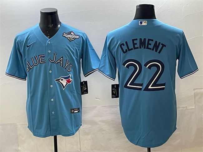 Men's Toronto Blue Jays #22 Ernie Clement Blue 2025 World Series Cool Base Stitched Baseball Jersey Men's Toronto Blue Jays #22 Ernie Clement Blue 2025 World Series Cool Base Stitched Baseball Jersey